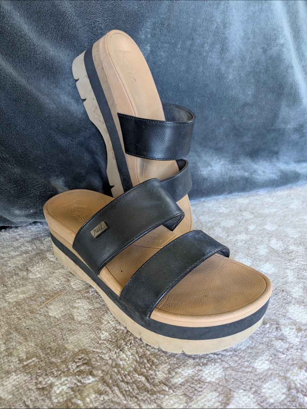 REEF Cushions Black & Tan Two-Strap Platform Wedge Sandal